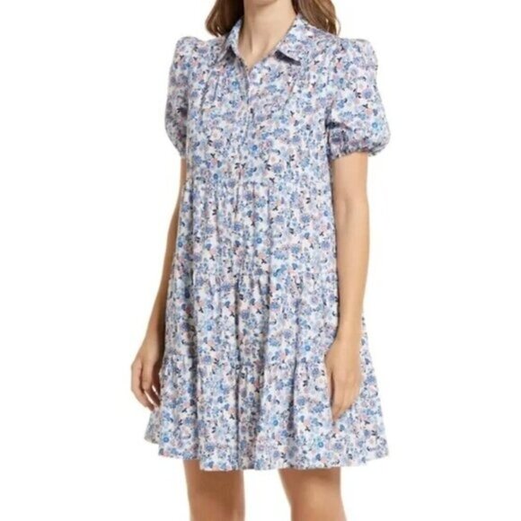 NWT Eliza J Blue Floral Print Puff Sleeve Tiered Collared Cotton Shirtdress 12 - Picture 1 of 13